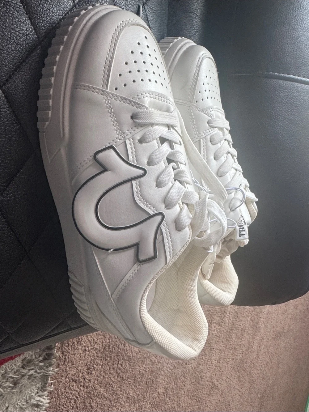 True Religion White Leather Low-Top Sneakers with Black Outline Logo